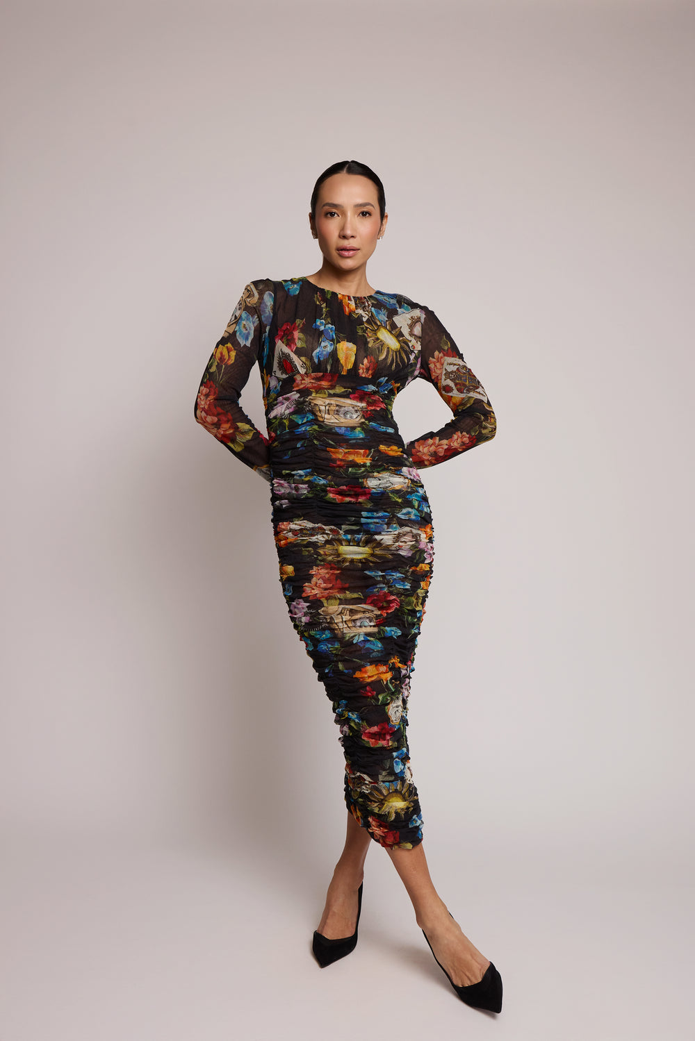 Vestido Dolce & Gabbana Midi De Algodão Com Estampa Floral Franzida