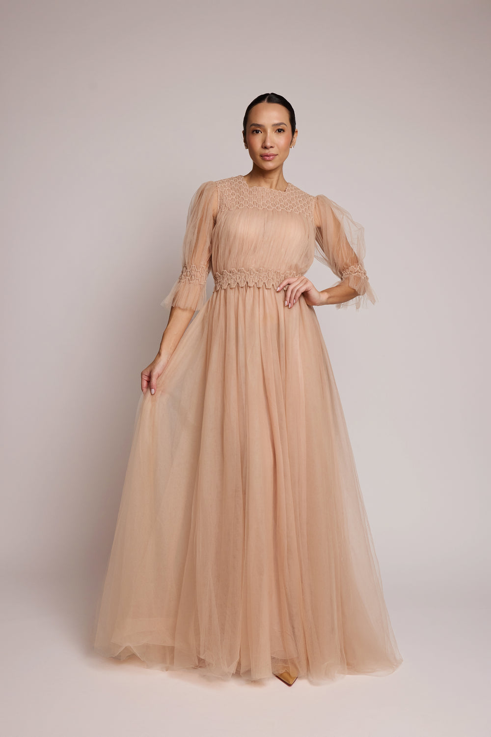 Vestido Valentino Exclusivo em Tule Nude com Bordado Handmade
