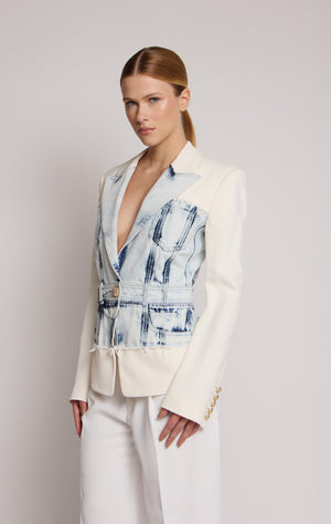 Blazer Balmain branco com corpete jeans