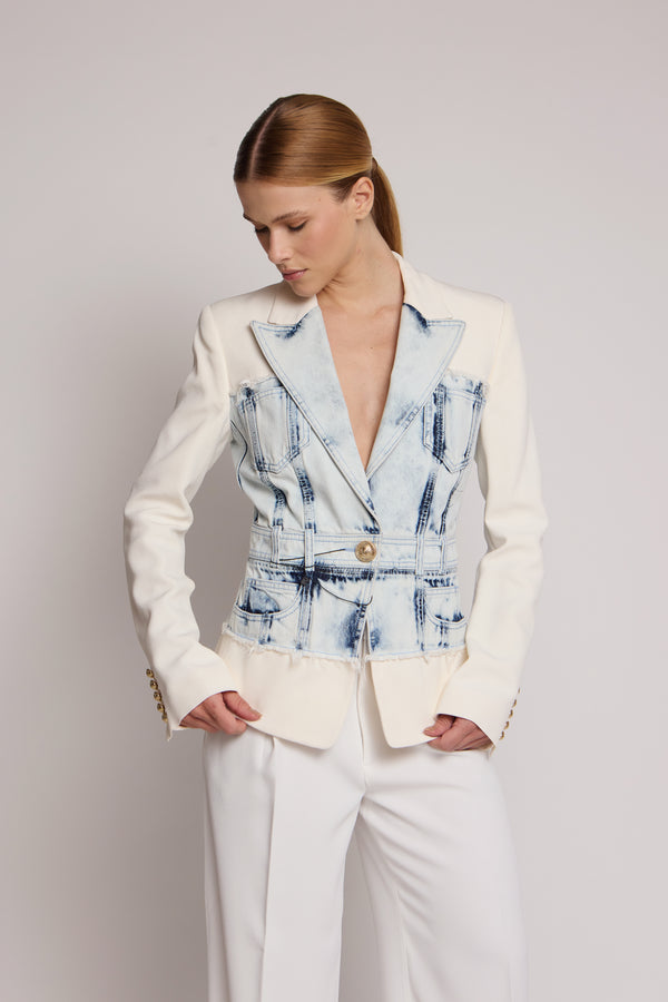 Blazer Balmain branco com corpete jeans