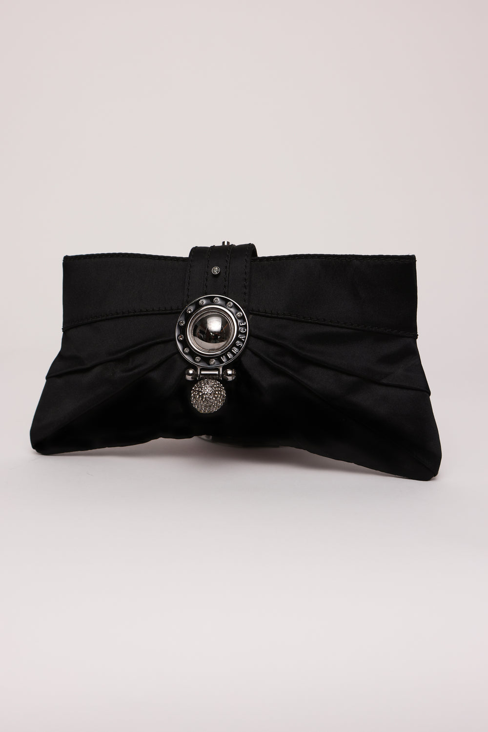 Versace Crystal-Embellished Clutch in Black Satin