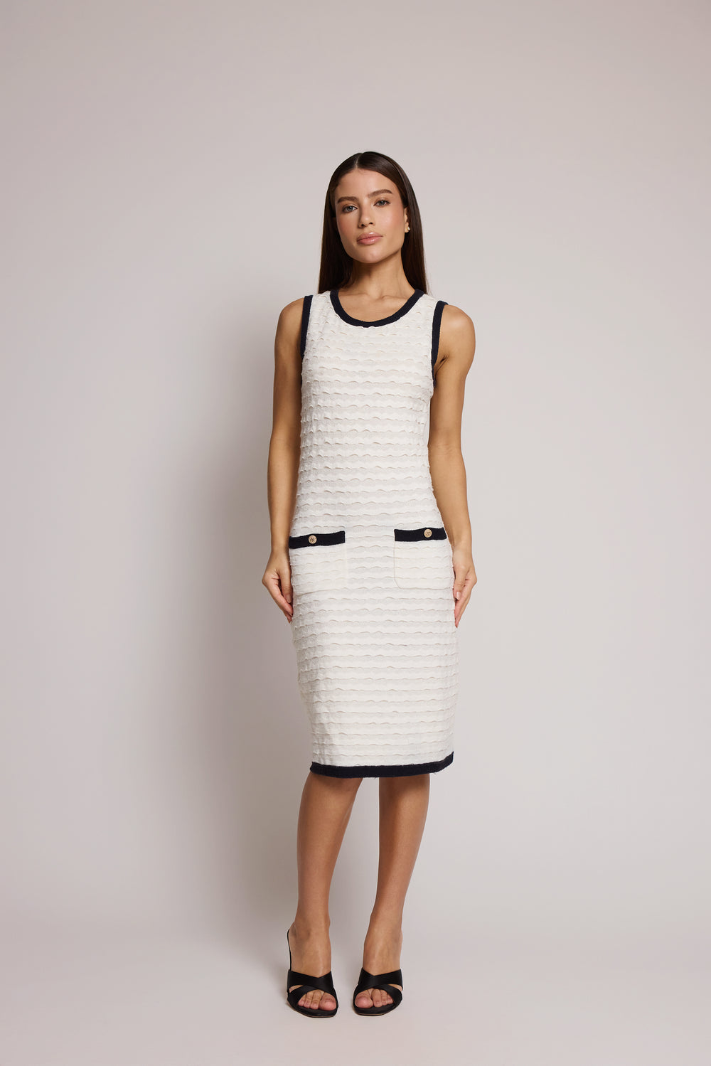 Vestido Chanel Evasê em Algodão e Cashmere Marfim e Azul-Marinho