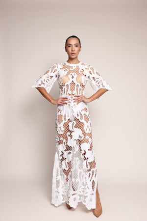 Vestido Longo Dolce & Gabbana em Mesh Bordado Branco