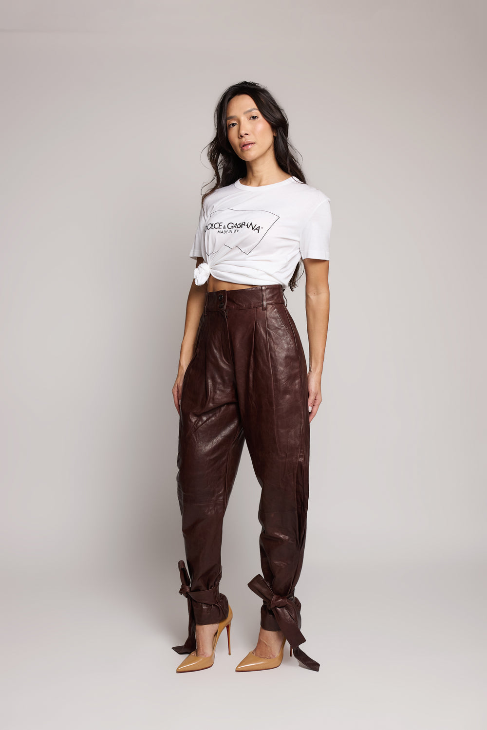 Calça Dolce & Gabbana Couro Marrom Cintura Alta Laço