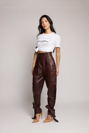 Calça Dolce & Gabbana Couro Marrom Cintura Alta Laço
