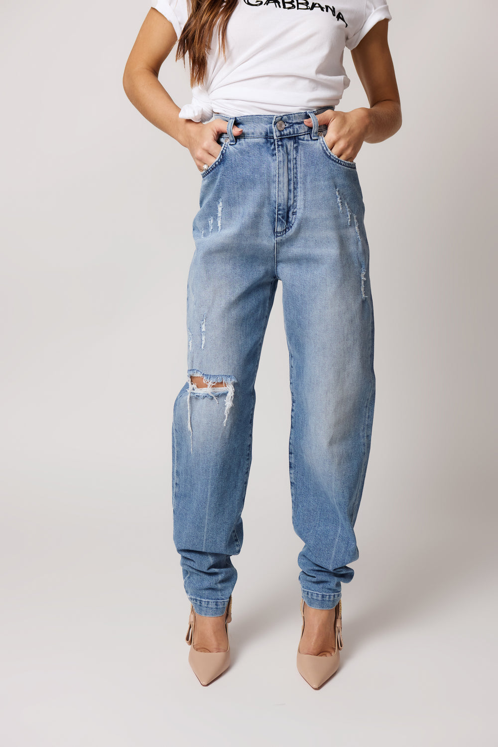 Calça Jeans Mom Fit Destroyed Azul Claro Dolce & Gabbana